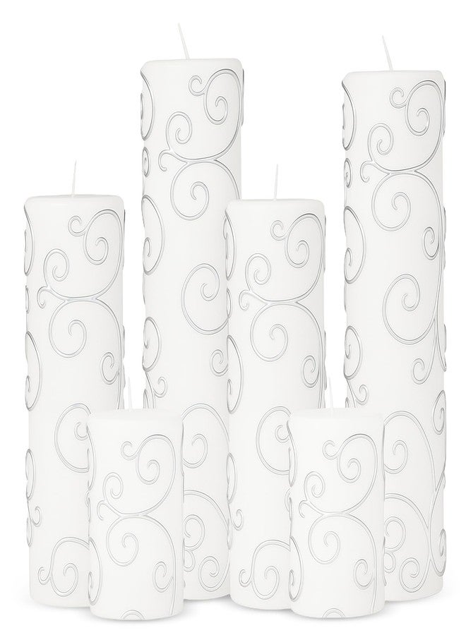 Veiuwa 6-Pack White Pillar Candles with Embossed Silver Patterns for Home Decor & Cozy Ambiance, Vintage White Candles (2x3/6/8 Inch), Dripless Smokeless Clean-Burning for Table, Mantel, Holidays - Image 1